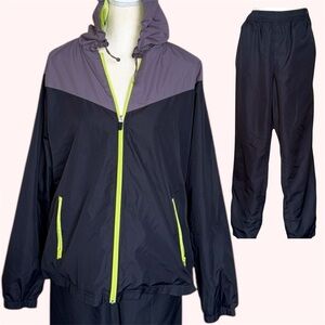 BCG Gray Black Neon Green Hooded Jacket & Pants Wind Tracksuit Unisex Sz L